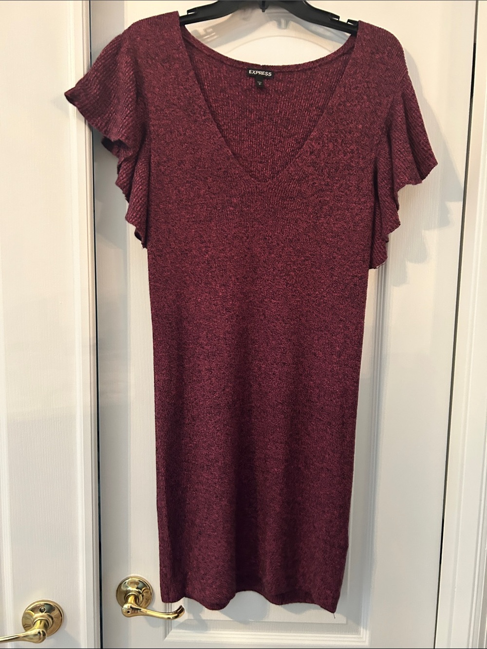 Express Maroon V-Neck Ribbed Flutter Sleeve Tunic